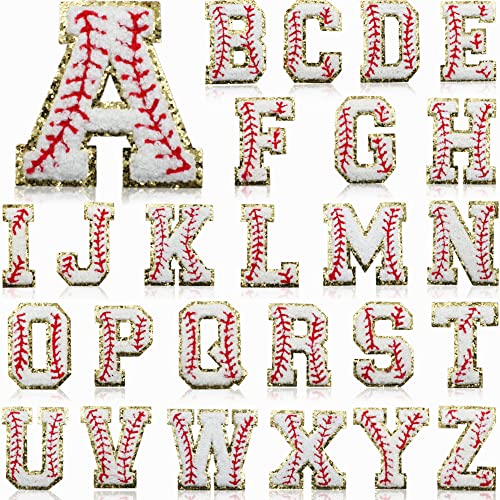 26 Stück Baseball gemusterte Varsity Chenille Buchstaben zum Aufbügeln, englisches Alphabet, niedliche bestickte Applikationen, selbstklebend, goldfarbener Glitzer, zum Aufnähen auf Kleidung von APBVIHL