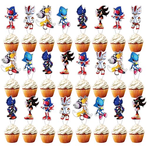 APDDHJ Sonic Cake Topper 24PCS Birthday Cake Toppers for Sonic Birthday Decorations Party Supplies Decorations for Baby Boys and Girls Cupcake Toppers For Sonic von APDDHJ