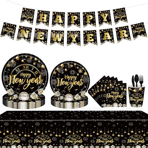 2025 New Year Party Supplies 12060 Stück Black Gold Party Geschirr Set, einschließlich Teller, Servietten für die 2025 New Year Birthday Party Dekoration, servieren 16 Gäste von APDECCLK