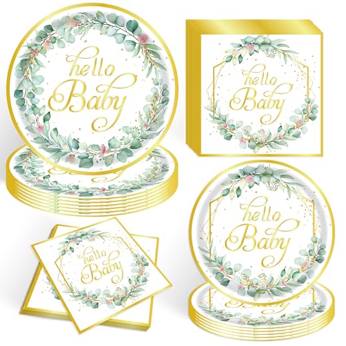 52 PCS Salbei Grün Hallo Baby Geschirr Set, grünes Gold Eukalyptusblatt Baby Duschplatten und Servietten Sets für Baby Girl Boy Neutrale Baby Dusche Party Dekorationen Supplies von APDECCLK