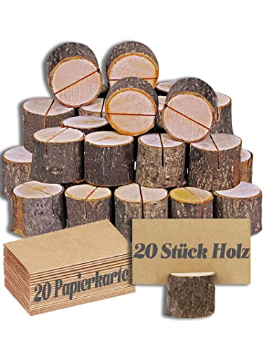 APICORT Kartenhalter Holz - 20 Stück Rustikale Tischkartenhalter Holz mit 20 Kraftpapier Tischkarten, Ideal für Hochzeit, Party, Restaurant, Foto, Memo von APICORT