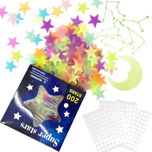 APKOL 213Pcs leuchtsterne kinderzimmer, 3D Sterne Leuchtend Selbstklebend, Leuchtsterne Selbstklebend, Mond und Konstellation mit Doppelseitige Klebepunkte,Leuchtsticker für Kleinkinderzimmer Deko von APKOL