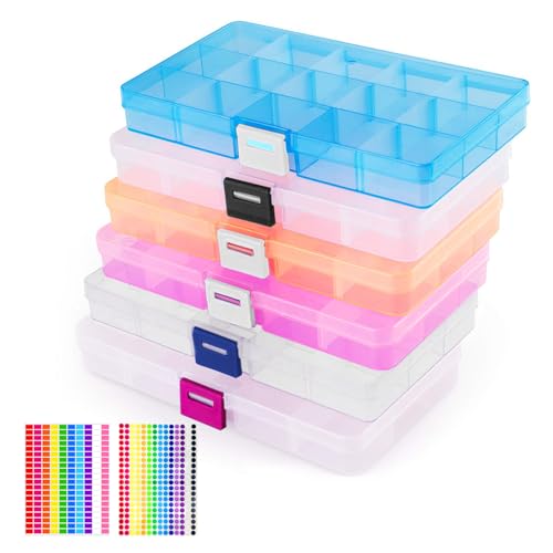 APKOL 6 stk Plastik Sortierbox Transparent Sortimentskasten Sortierbox mit verstellbaren Trennwänden Sortierboxen Aufbewahrungsbox für Kleinteile mit 2 Bogen Etikettenaufklebern(15 Raster X 6 Pck) von APKOL