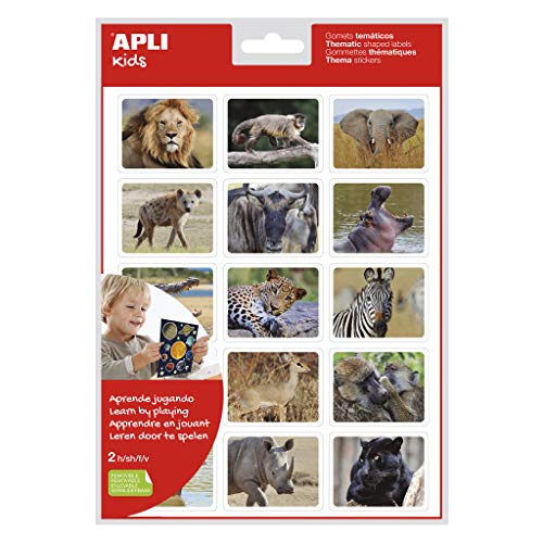 APLI Kids 18734 - Realistische Themen-Gometasche Tiere in Ihrem Lebensraum Savanne mit 15 Designs, abnehmbarer Kleber, 2 Blatt, 15 Gomets pro Blatt von APLI Kids