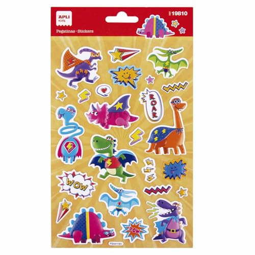 APLI Kids 19810 Maxi-Aufkleber Superhelden Dinosaurier, 1 Bogen mit 25 Dinosaurier-Aufklebern in Form von Superhelden, gesteppt, ideal für Scrapbooking, Dekoration oder DIY von APLI Kids