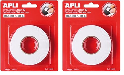 APLI 13986 Doppelseitiges Schaumstoff-Klebeband, 19 mm x 2,28 m, Weiß (Packung mit 2) von APLI