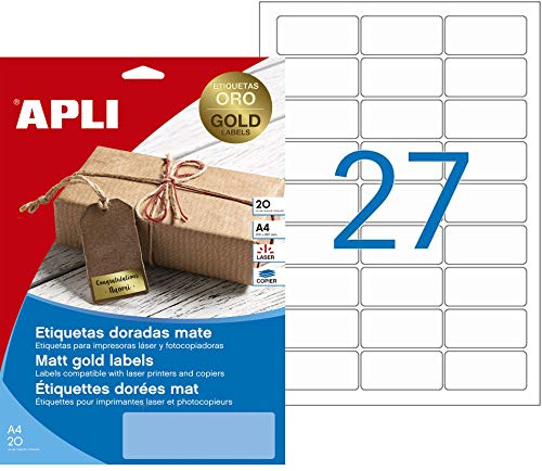 APLI Bedruckbare Etiketten, goldfarben, 63,5 x 29,6 cm, wetterfest, Polyester, 20 Stück von APLI