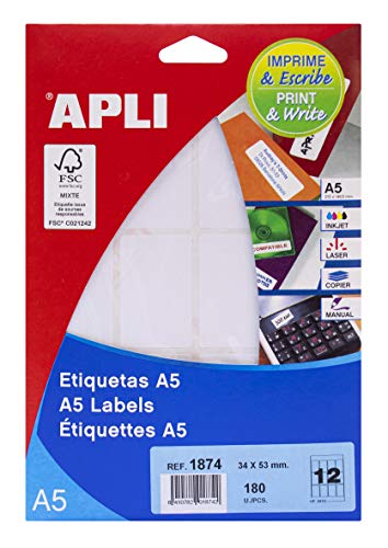 APLI 1874 - Etiketten A5 weiß 34,0 x 53,0 mm 15 Blatt von APLI