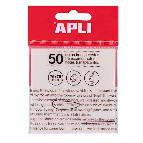 APLI 19568 Haftnotizen, transparent, 75 x 75 mm, Farbe: Weiß, 50 transparente Blätter, wasserfest, ideal für Studenten und Lehrer. von APLI