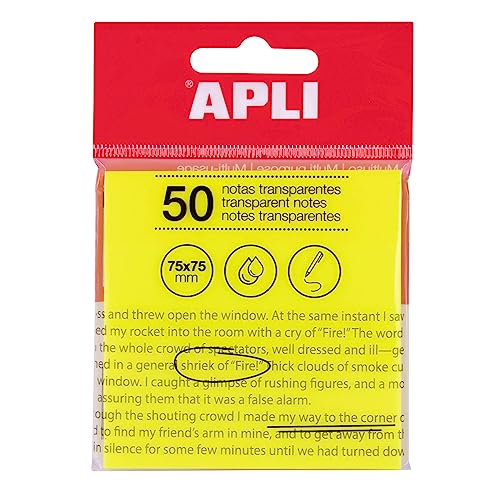 APLI 19569 Haftnotizen, transparent, 75 x 75 mm, Farbe: gelb, 50 Blatt, transparent, wasserfest, ideal für Schüler und Lehrer von APLI