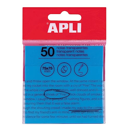 APLI 19571 Haftnotizen, transparent, 75 x 75 mm, Farbe: Blau, 50 transparente Blätter, wasserfest, ideal für Studenten und Lehrer. von APLI