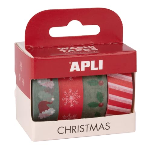 APLI 19838 Deko-Klebeband, Washi Tape, Weihnachtsmuster und Farben, 4 Rollen, 15 mm x 10 m von APLI