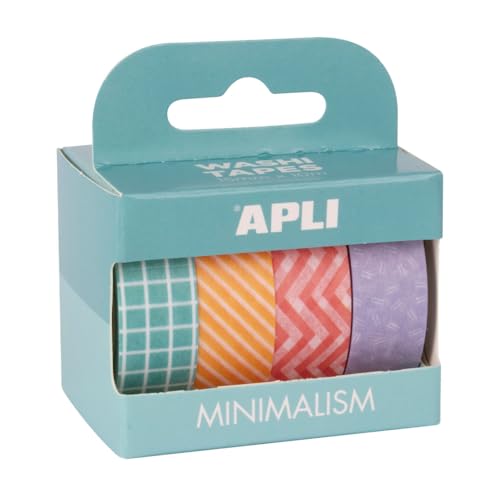 APLI 19839 Dekorative Klebebänder, Washi-Papier, minimalistische Muster und Pastellfarben, 4 Rollen, 15 mm x 10 m von APLI