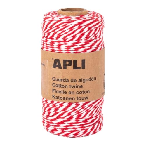 APLI 19841 Baumwollschnur, zweifarbig, zum Verpacken von Geschenken, rotes und weißes Garn, ideal für Bastelarbeiten, Dekorationen zu Weihnachten oder andere Feiern, Spule 100 x 2 mm von APLI