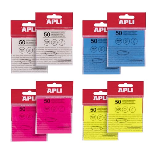 APLI 19900 Haftnotizblöcke, transparent, 75 x 75 mm, verschiedene Farben, 50 Blatt, transparent, wasserfest, für Schule oder Büro von APLI