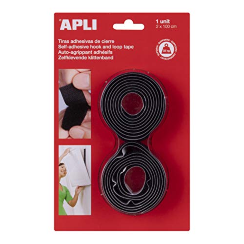 Apli 13656 Klettband, selbstklebend, 2 x 100 cm, Schwarz von APLI