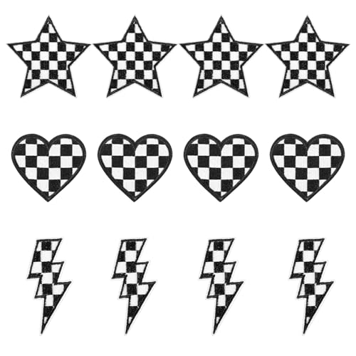 12-teiliges schwarz-weiß kariertes Patch-Set, zum Aufbügeln, klassisches Rennen, Blitz-Herz, Stern, zum Aufnähen oder Reparieren, bestickte Applikation, adretter Stil, Bastelzubehör für Kleidung, von APLZGMG