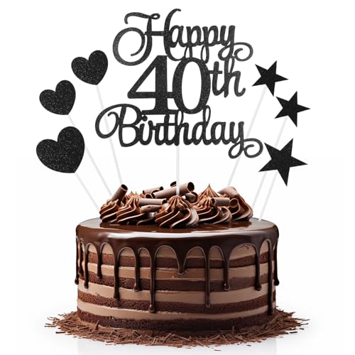 Kuchendekoration zum 40. Geburtstag, 7 Stück Schwarz Happy 40th Birthday Cake Toppers mit Herz Stern Cupcake Picks, 40th Happy Birthday Schild für Kuchen, Glitzer Cupcake Topper 40 Geburtstag Party von APLZGMG