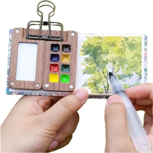 APMAPGVDVY Portable Skizzenbuch Palette Set 8 Grids Mini Holz Reise Malpalette Malkasten for Aquarell Gouache Acrylmalerei Kommen mit Aquarellpapier Journal, Aquarellpinsel Stifte und EIN Clip von APMAPGVDVY