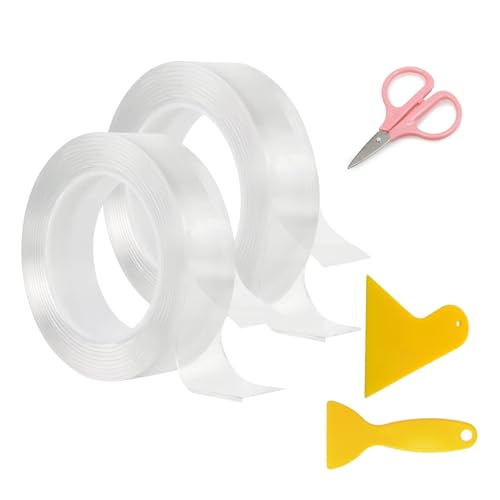 2 Stück Doppelseitiges Klebeband Extra Stark, Rollen Double Sided Tape mit Kunststoff Spachtel Set und Schere, Nano Tape Spurloses, Double Sided Tape Transparent für Küche Zuhause Auto (3 * 200CM) von APMGONT