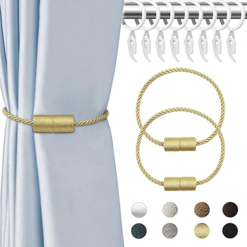 2 Stück Magnetische Vorhang Raffhalter, Krawattenhalter Vorhang, Vorhang Halter Raffhalter mit Vorhang Hängend Ringe und Kunststoff Gardinenhaken für Zuhause Schlafzimmer Büro (Gold) von APMGONT