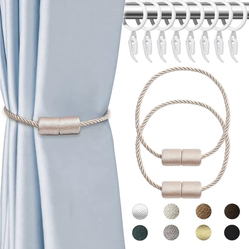 APMGONT 2 Stück Magnetische Vorhang Raffhalter, Krawattenhalter Vorhang, Vorhang Halter Raffhalter mit Vorhang Hängend Ringe und Kunststoff Gardinenhaken für Zuhause Schlafzimmer Büro (Beige) von APMGONT