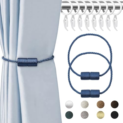 APMGONT 2 Stück Magnetische Vorhang Raffhalter, Krawattenhalter Vorhang, Vorhang Halter Raffhalter mit Vorhang Hängend Ringe und Kunststoff Gardinenhaken für Zuhause Schlafzimmer Büro (Blau) von APMGONT