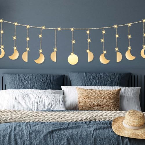 APODESS 180cm Mondphasen Wanddeko Moon Stern Lichterketten Mond Metall Anhänger Kette Warm White String Lights von APODESS