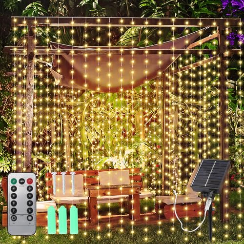 APODESS 3x3m Solar Lichtervorhang Aussen 300LED Lichterkette Vorhang Outdoor Lichterkettenvorhang Wetterfest mit 8 Modi Fernbedienung Timer Hochzeit Deko für Weihnachten von APODESS