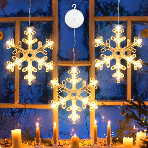 APODESS 3stk 10LED Led Schneeflocke Beleuchtung Weihnachten Lichtervorhang Fenster Weihnachtsbeleuchtung Außen Fenster Innen Weihnachtsdeko Batteriebetrieben für Balkon Garten Warmweiß Fensterdeko von APODESS