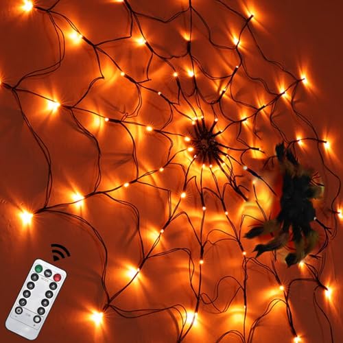 APODESS Spinnweben Halloween Spinnennetz Led Wasserdicht Riesen Spinne Halloween Deko Outdoor Gruselig Gartendeko Halloween Lichterkette mit Fernbedienung (8 Modi & Timer) für Garten Innen Außen von APODESS