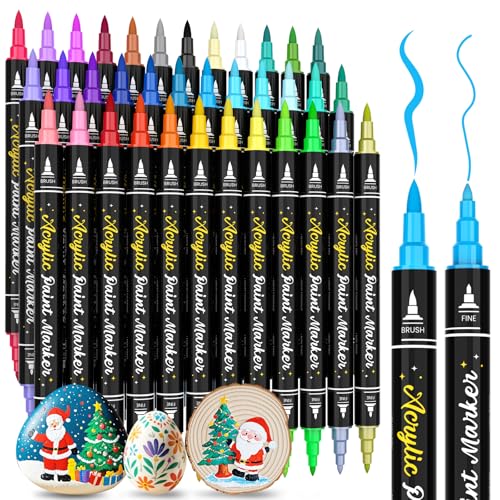 APOGO Acrylstifte für Steine Wasserfest, 36 Farben Dual Tip Acrylfarben Set(Feine Spitze & Pinselspitze), Multimarker Acrylic Marker Stifte für Holz, Steine Bemalen, Keramik, Basteln Weihnachten von APOGO