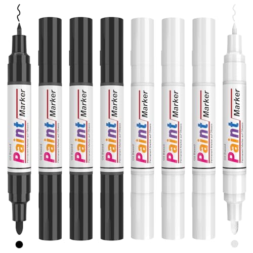 APOGO Doppelspitze Permanent Marker Wasserfest Stifte für Reifen Metall Holz steine bemalen Glas, 8 Pack lackstift schwarz und weiß stift von APOGO