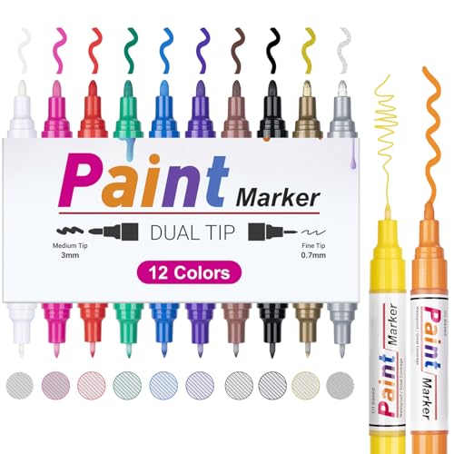 Permanent Marker Fein Wasserfest lackstift, Dual Tip 12 Wasserfeste Paint Marker stifte set, Glasstift und Lackmarker für Stein, Metallic, Plastik, Stoff, Leder, Holz, reifen, DIY Craft Marker Set von APOGO