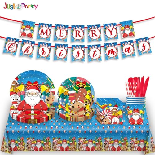 Weihnachten Party Geschirr Set Weihnachten Kit 62 Pcs Weihnachten Kit mit Banner Weihnachten Party Geschirr Set Weihnachtsdeko mit Dessert Teller mit Teller,Becher, Servietten，Tischtuch, Strohhalme von APPCRFM