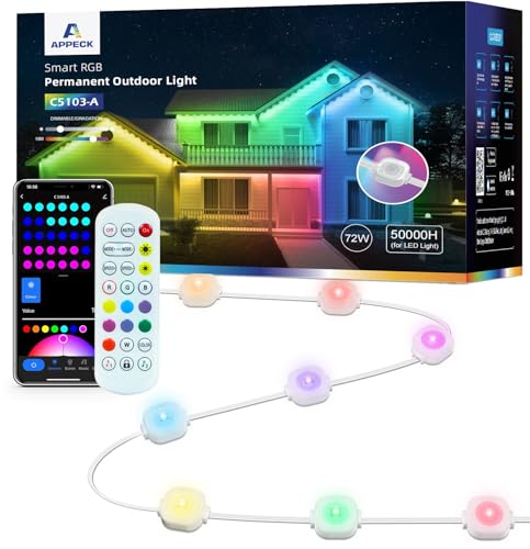 APPECK Permanent Außenleuchten 30m, Intelligente RGB Außenleuchten mit 72 LEDs, Wasserdichte LED Traufenleuchten, 111 Szenen-Modi Beleuchtung für Party Täglich, Halloween Weihnachten, App/Voice, Weiße von APPECK