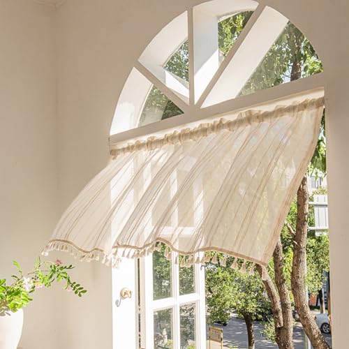 AQCQDQ Bengardine Einfacher Boho Kurze Yorhange, Scheibengardine Häkeloptikund Quaste, Kurzstore Kurzgardine für kleine Fenster-für Landhausstil, Retro Küche Türvorhang (B130 x H77 cm (1er Pack)) von AQCQDQ