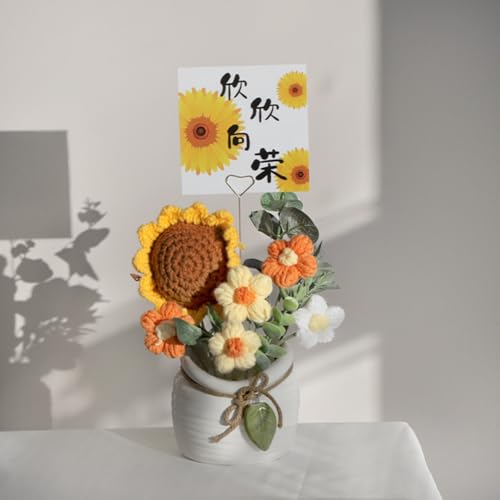 AQCQDQ Sonnenblume Häkeln Blumen Topf Pflanze Künstlicher Blumenstrauß Handgefertigte Häkelblume Deko Blumen Mini gestrickte Blumentopf für Home Decor Ornamente Geburtstagsgeschenk (M38-1) von AQCQDQ