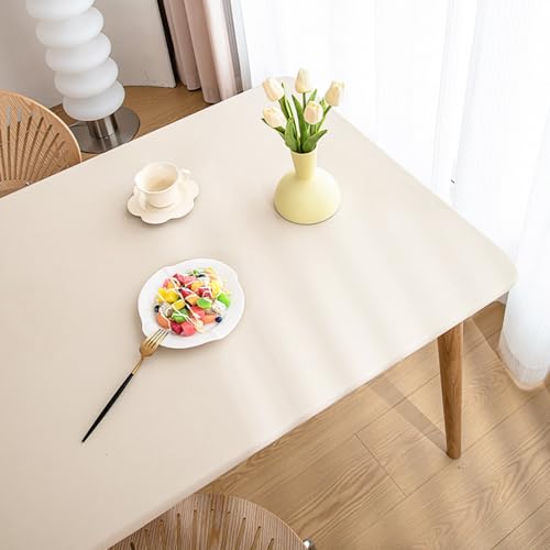 Rechteckige PU-Leder Elastische Tischdecke, Kunstleder Tischdecke mit Elastischem Rand rutschfest, wasserdichte Abwischbar Tischabdeckung für Küche, Wasserdicht, öldicht (Beige,60X120cm) von AQCQDQ