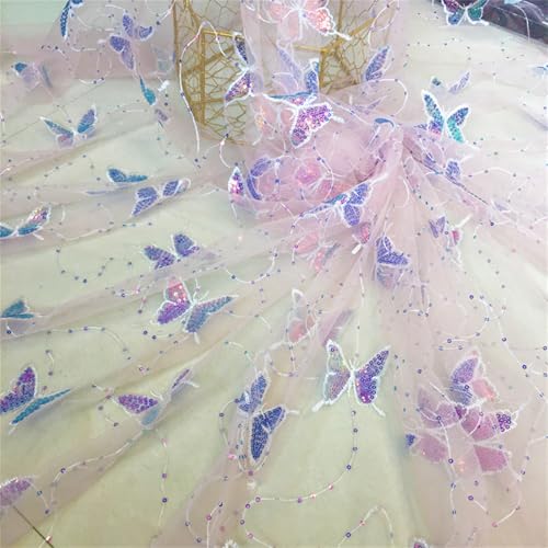 Spitzen Tüllstoff Glitzer, Farbig Glitter Dekoration Tischedeko DIY Von Dekostoff Mit Sternen, Weiß Tüllstoff Bestickter Tüll Mit Schmetterling Pailletten Tüllband Mesh Deko Stoffe (1.3x0.9 m,#3) von AQCQDQ