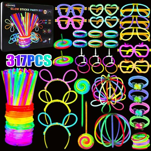 AQXONG 317 PCS Knicklichter Party Set, Fluoreszenz Leuchtendes Armband, Glow Sticks mit Verbinder, Neon Armband Leuchtstab für Party Deko, Festival Schwarzlicht Deko, Laterne, Lutscher von AQXONG