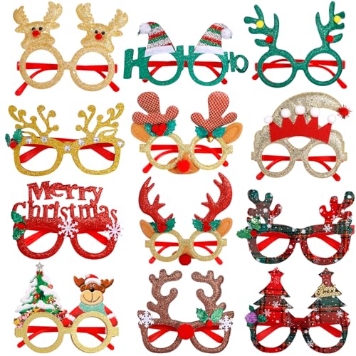 AQXONG Weihnachtsbrille, 12 Pcs Gläser für die Weihnachtsfeier, Weihnachtsfoto Requisiten, Kreative Weihnachtsdekorationen, Geeignet für Kinder, Jugendliche, Erwachsene und ältere Menschen von AQXONG