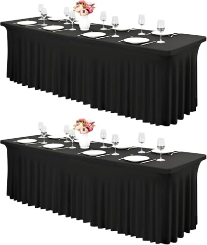 2-Pack Polyester Tischröcke für Rechteck, Tisch Stretch Tischdecke Waschbare faltenfreie Tischdecken und Fitted Tischröcke, für Messe,Bankett,Restaurant, Party,Veranstaltungen (8ft)Polyester (Schwarz) von ARBGO