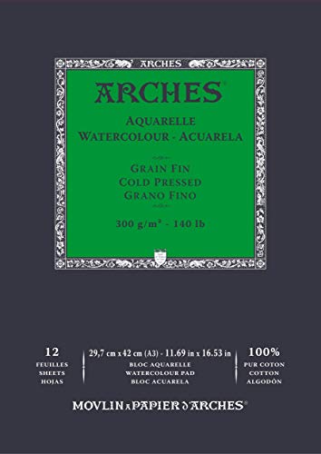 ARCHES Aquarelle 100% Fino 300g Block Kleben A3 12 Blätter Weiß Natur von ARCHES