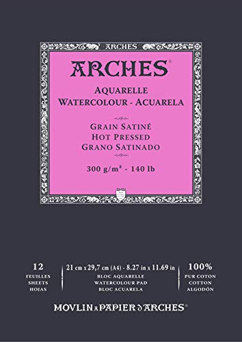 ARCHES Aquarelle 100% Satin, 300 g, verleimter Block, A4, 12 Blatt, Naturweiß von ARCHES