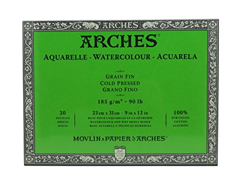 Arches 1795053 Aquarellpapier im Block (23 x 31 cm, 4-seitig geleimt, 185g/m² Feinkorn) 20 Blatt naturweiß von ARCHES