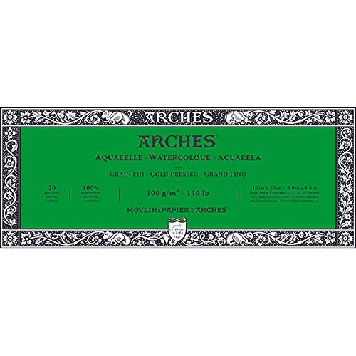 Arches 1795056 Aquarellpapier im Block (10 x 25 cm, 4-seitig geleimt, 300g/m² Feinkorn) 20 Blatt naturweiß von Winsor & Newton