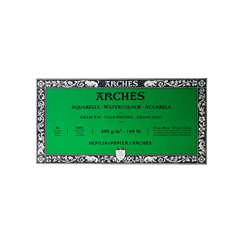 Arches 1795057 Aquarellpapier im Block (15 x 30 cm, 4-seitig geleimt, 300g/m² Feinkorn) 20 Blatt naturweiß von ARCHES