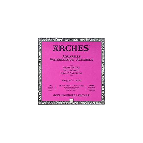 Arches 1795071 Aquarellpapier im Block (20 x 20 cm, 4-seitig geleimt, 300g/m² Satiniert) 20 Blatt naturweiß von ARCHES