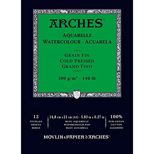 Arches 1795090 Aquarellpapier im Block (A5: 14,8 x 21 cm Kopfgeleimt 300g/m² Feinkorn) 12 Blatt naturweiß von ARCHES